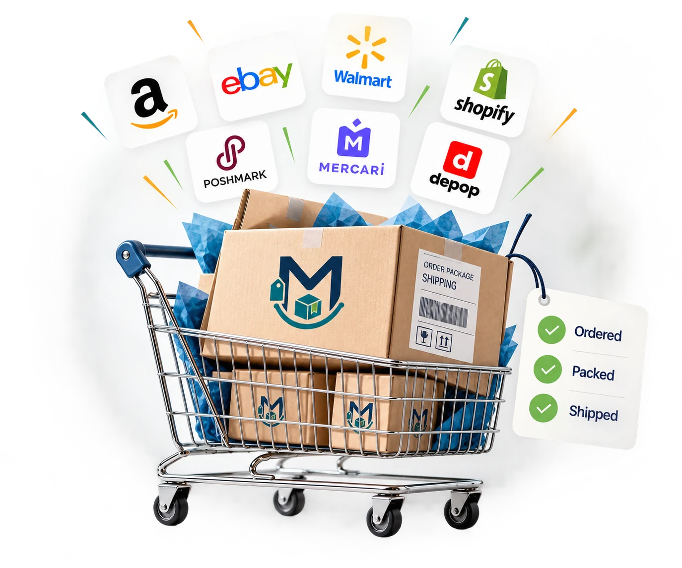 MTP Commerce shopping cart with branded packages and Amazon, eBay, Walmart, Shopify, Poshmark, Mercari, and Depop marketplace logos