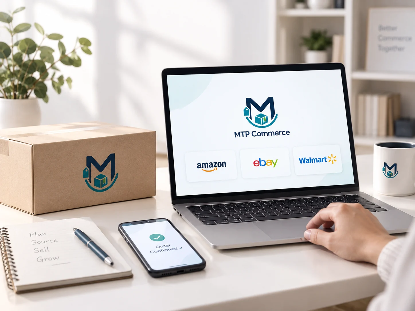 MTP Commerce multichannel workspace with a branded package, laptop displaying Amazon, eBay, and Walmart, order confirmation phone, and planning notebook