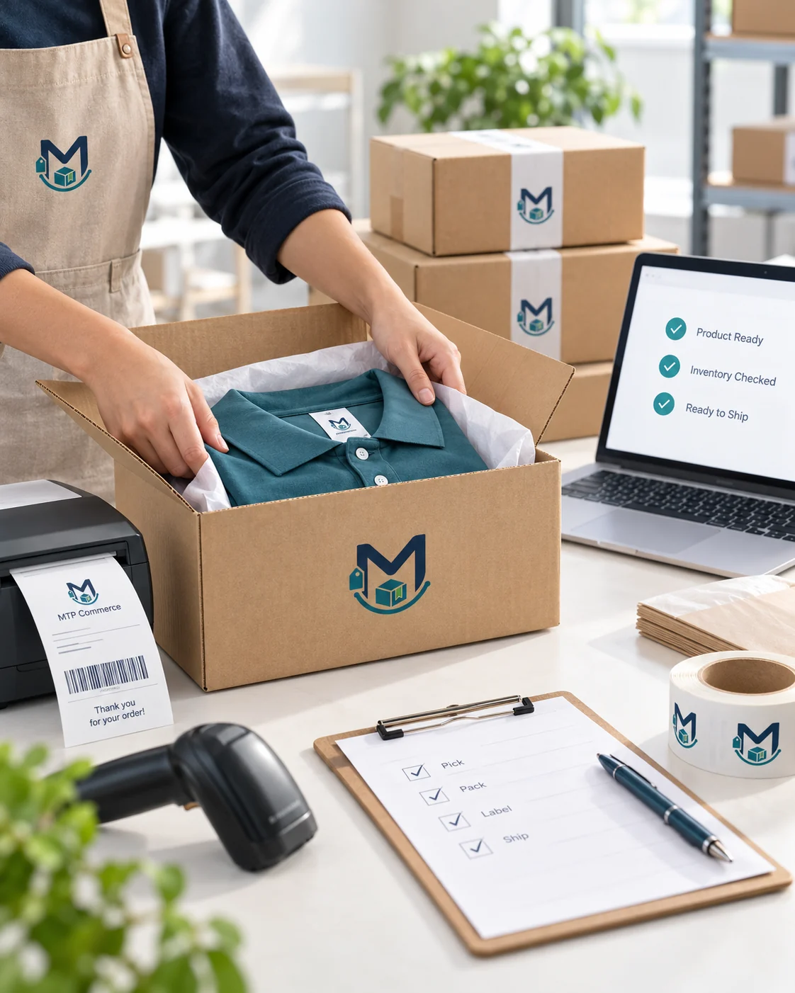 MTP Commerce team member carefully packing an order beside verified inventory, shipping labels, laptop checklist, and fulfillment tools